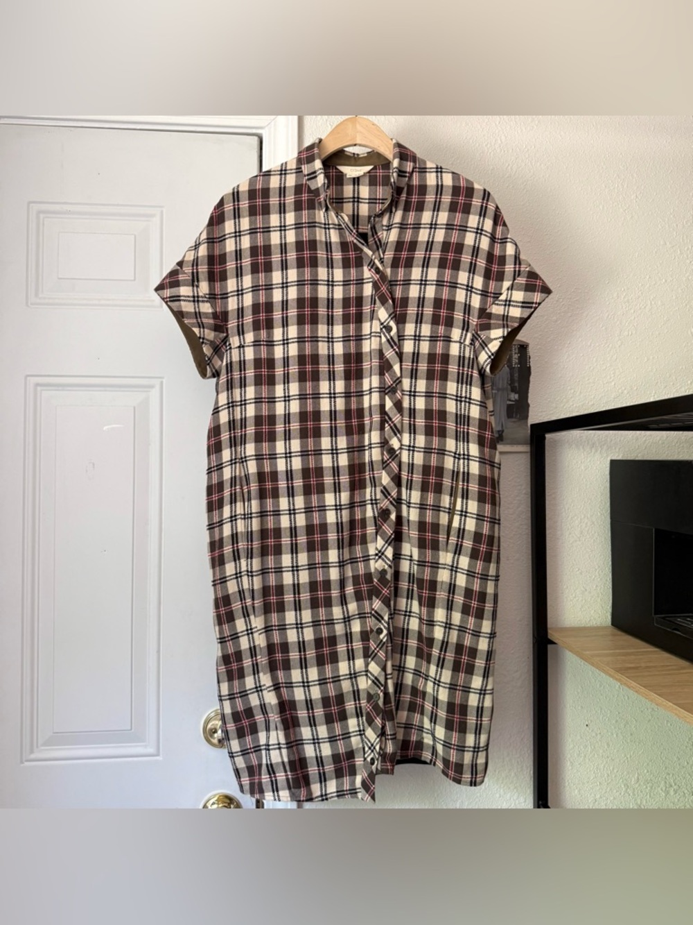 O’2ND cream black plaid mixed media button up mini shirt dress